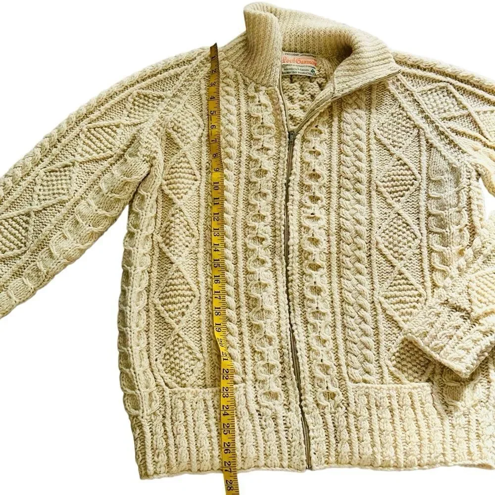 Loch Garman Ireland Fisherman Sweater Ivory Wool cardigan Full Zip L Unisex Aran